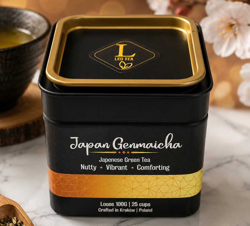 Japan Genmaicha Leo Tea – elegancka puszka, doypack i kubek prezentowy